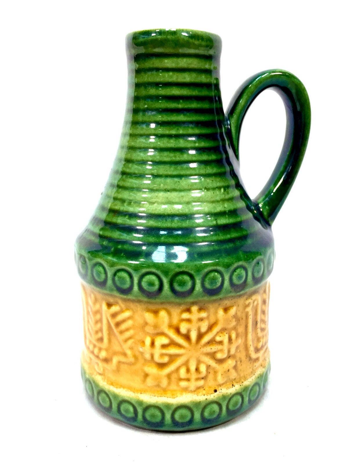 Vintage West German Bay Pottery Vase Jug Green & Yellow/ Retro 1970's photo furniture