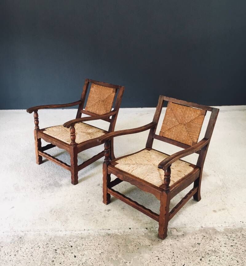 Arts & Crafts Handcrafted Low Lounge Armchairs, Belgium 1920's / 1 photo Furniture