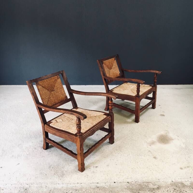 photo for sale Arts & Crafts Handcrafted Low Lounge Armchairs, Belgium 1920's / 1