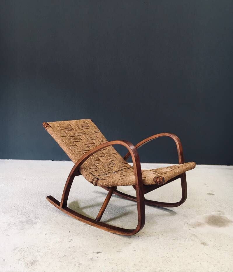 Mid Century Design Schommelstoel Met Touwbekleding, Italië Ca. Jaren 1950