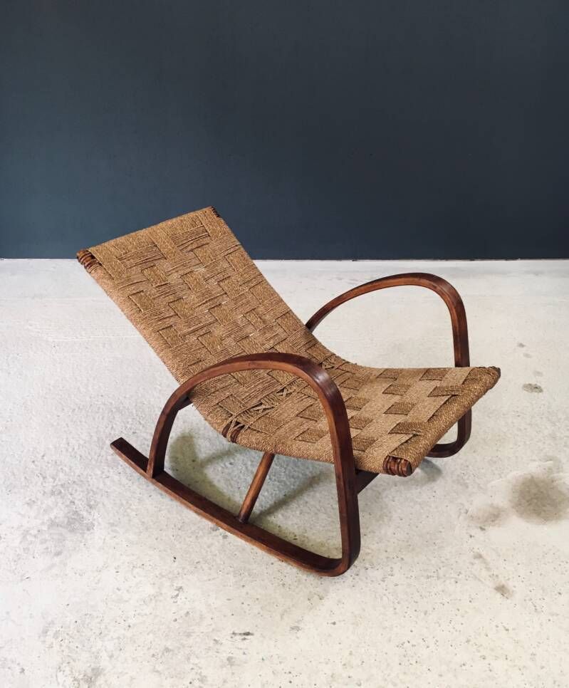 Mid Century Design Schommelstoel Met Touwbekleding, Italië Ca. Jaren 1950 photo for sale