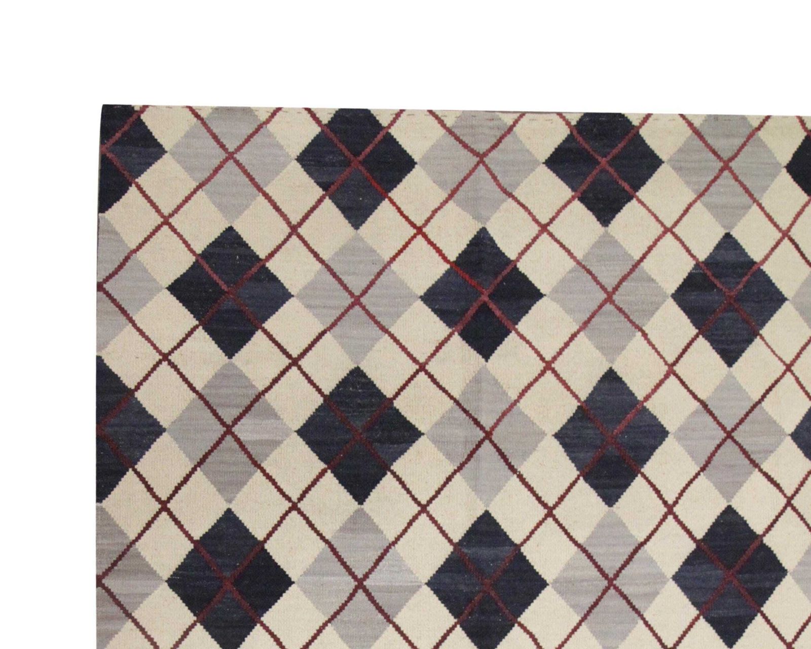 Cream & Navy Wool Kilim Rug: Modern Check Diamond Flatweave Carpet (6.4 X 5.3 Ft photo for sale