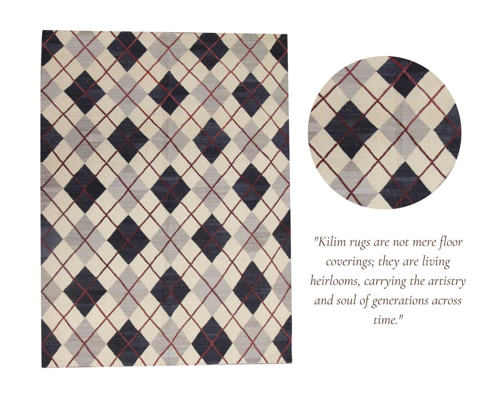 photo furniture Cream & Navy Wool Kilim Rug: Modern Check Diamond Flatweave Carpet (6.4 X 5.3 Ft