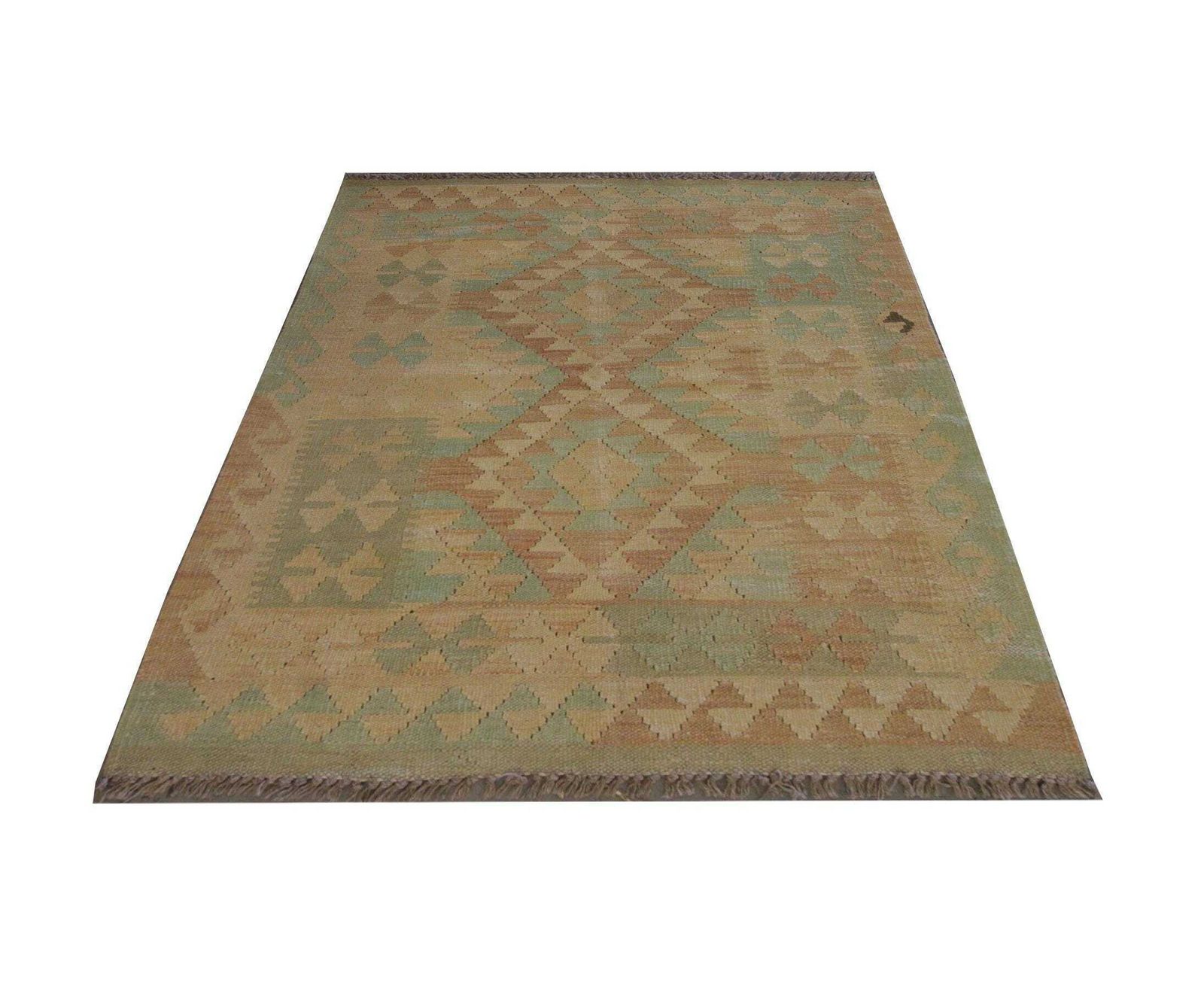Khaki Green Afghan Kilim Rug: Small Wool Tribal Flatweave Carpet (2.9 X 3.5 Ft.) photo furniture