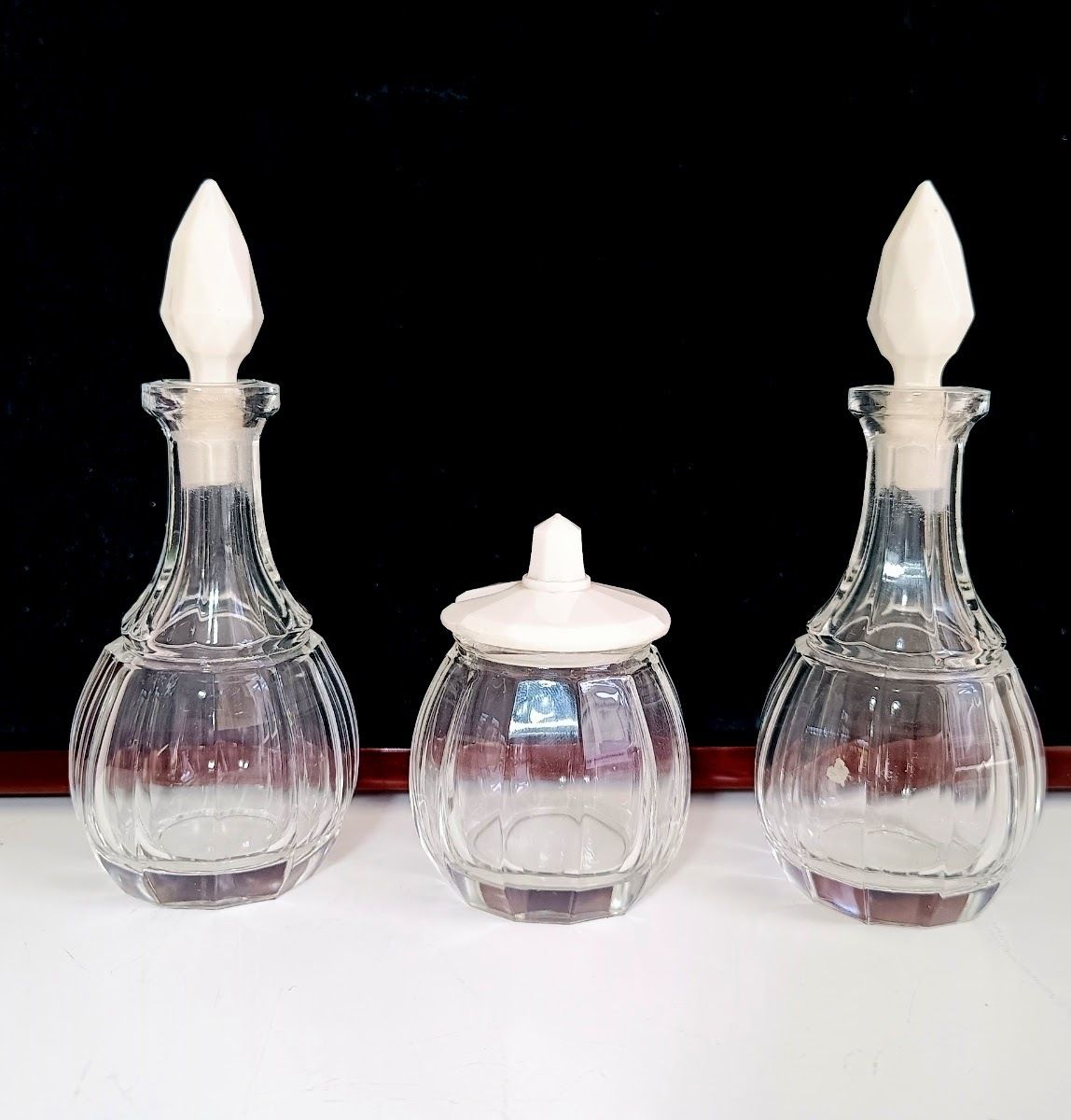 photo furniture Rare Jugendstil Fine Dining Cruet Set Of Glass Bottles, Uranium Opaline Glass Stoppers, Late Art Nouveau Bohemia