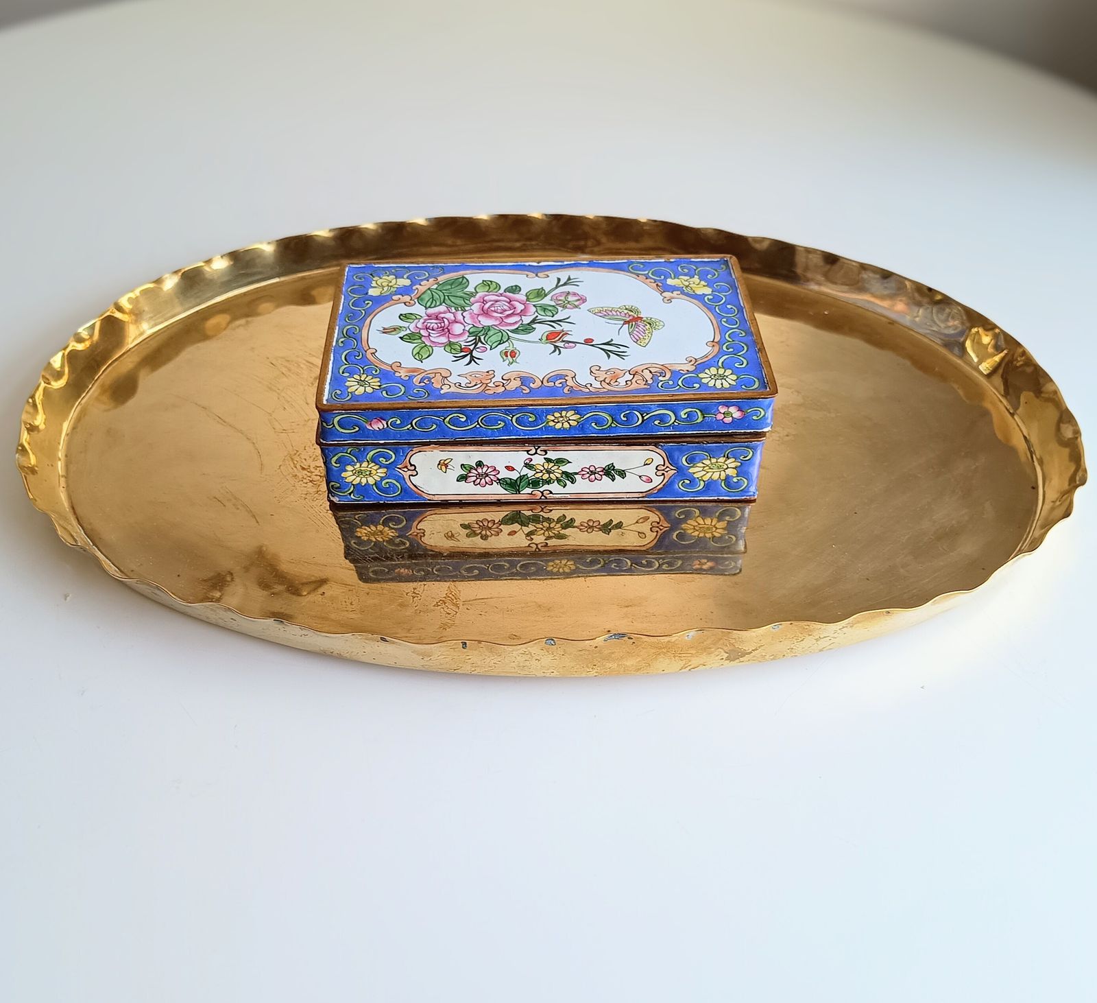 Early 20th Century Chinese Republic Export Canton Enamel Jewellery Or Stationery Box, Hand Painted Vitrious Enamel With Flowers And Butterflies