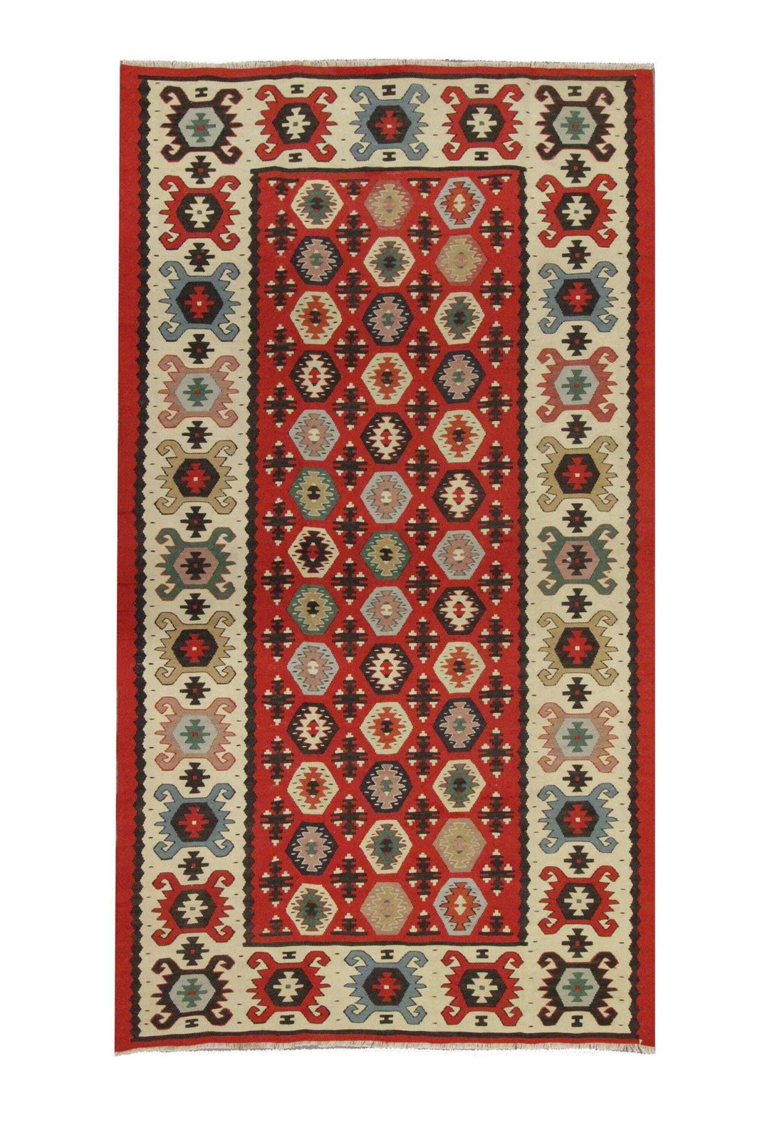 photo furniture 1960s Turkish Kilim Rug: Handwoven Wool, Red Geometric Tribal Rug (3.2 X 5.11 Ft.)