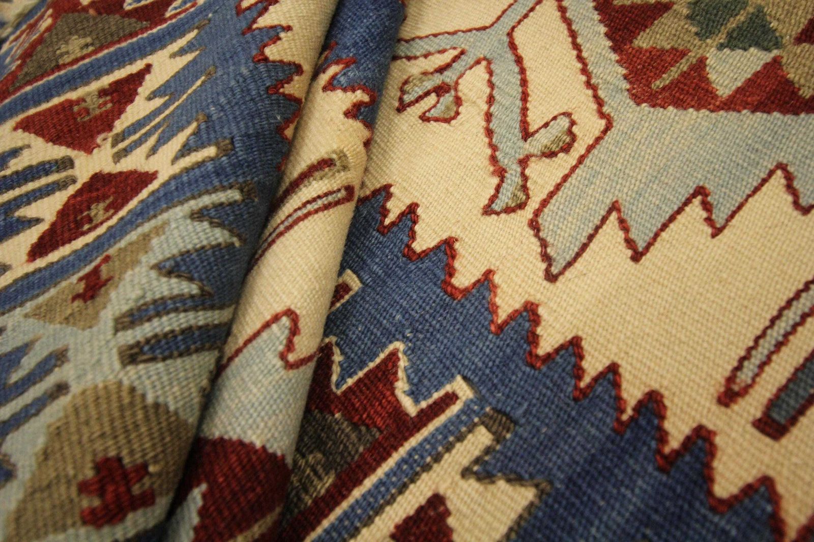 Turkish Rug Antique Kilim Blue Geometric Carpet Zig Zag Tribal Hallway Rug 3.0 × 4.8 Ft photo Textiles
