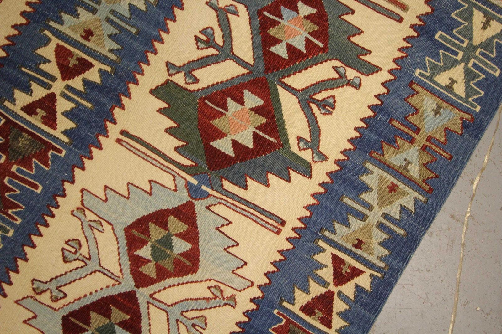 Turkish Rug Antique Kilim Blue Geometric Carpet Zig Zag Tribal Hallway Rug 3.0 × 4.8 Ft photo 3400.0