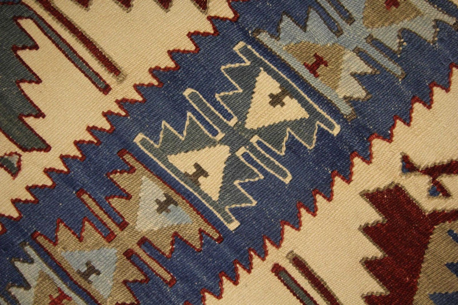 Turkish Rug Antique Kilim Blue Geometric Carpet Zig Zag Tribal Hallway Rug 3.0 × 4.8 Ft photo vinterior