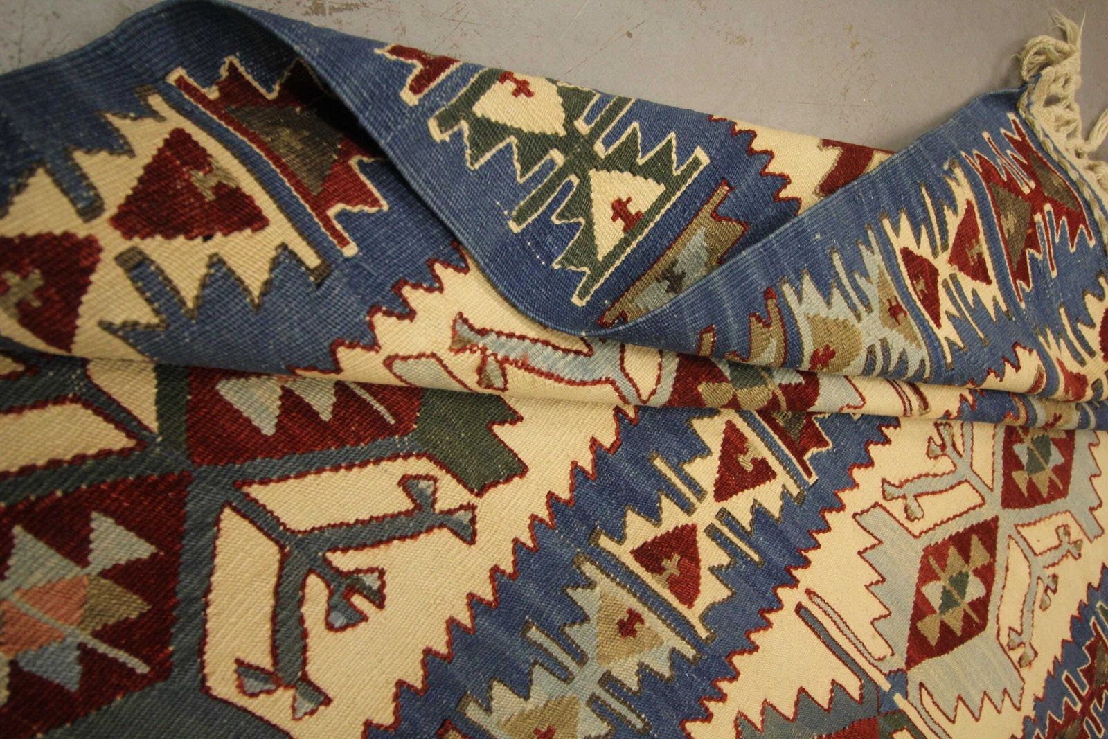 photo furniture Turkish Rug Antique Kilim Blue Geometric Carpet Zig Zag Tribal Hallway Rug 3.0 × 4.8 Ft