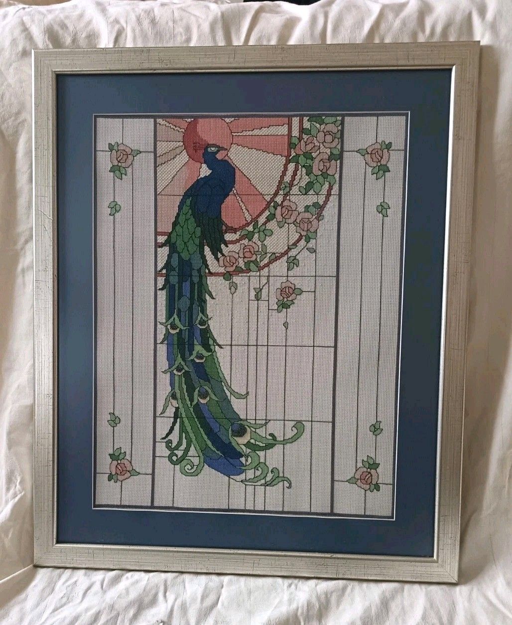 Art Deco Rennie Macintosh Style Peacock Cross Stitch With Beading Detail Framed