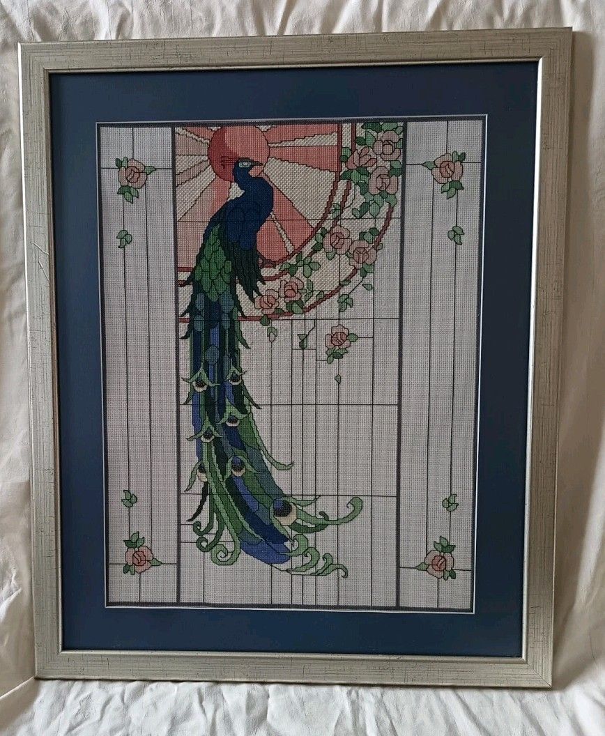 Art Deco Rennie Macintosh Style Peacock Cross Stitch With Beading Detail Framed photo furniture