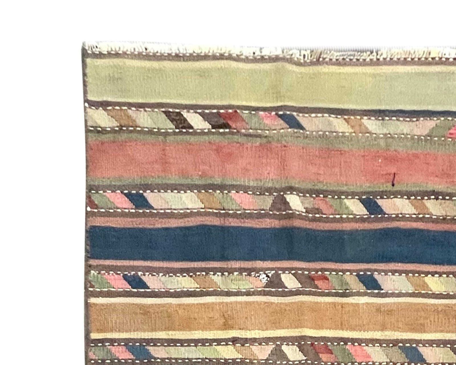 Vintage Striped Kilim Rug, Handmade Wool Carpet, Multicolour Tribal Runner Rug 8'2" X 3'11" photo Textiles