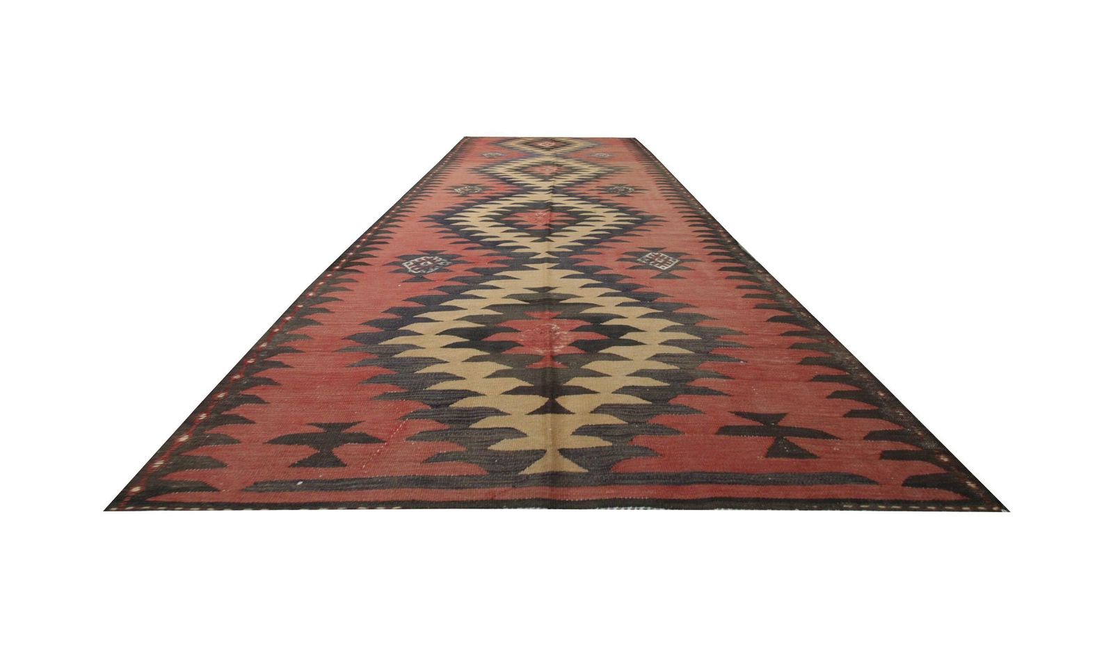 Vintage Kilim Runner: 1960s Blush Pink Wool Rug, Geometric Flatweave Handmade (13'1" X 4'11") photo for sale