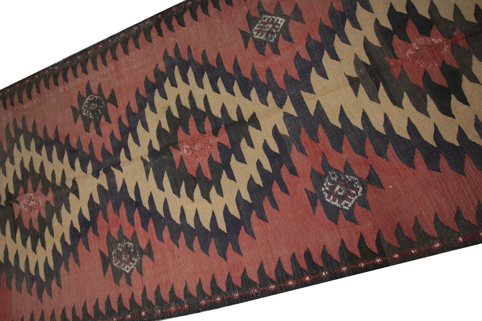 Vintage Kilim Runner: 1960s Blush Pink Wool Rug, Geometric Flatweave Handmade (13'1" X 4'11") photo Textiles