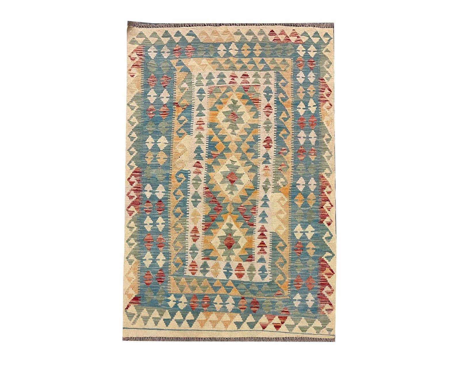 Turquoise Blue Kilim Rug, Handmade Carpet, Wool Geometric Flat Weave Carpet 5'9" × 3'9" (2015–2025)