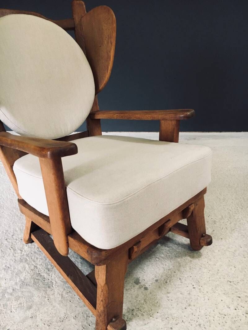 Furniture Brutalist Design Oak Wingback Lounge Chair, Netherlands 1950's photo