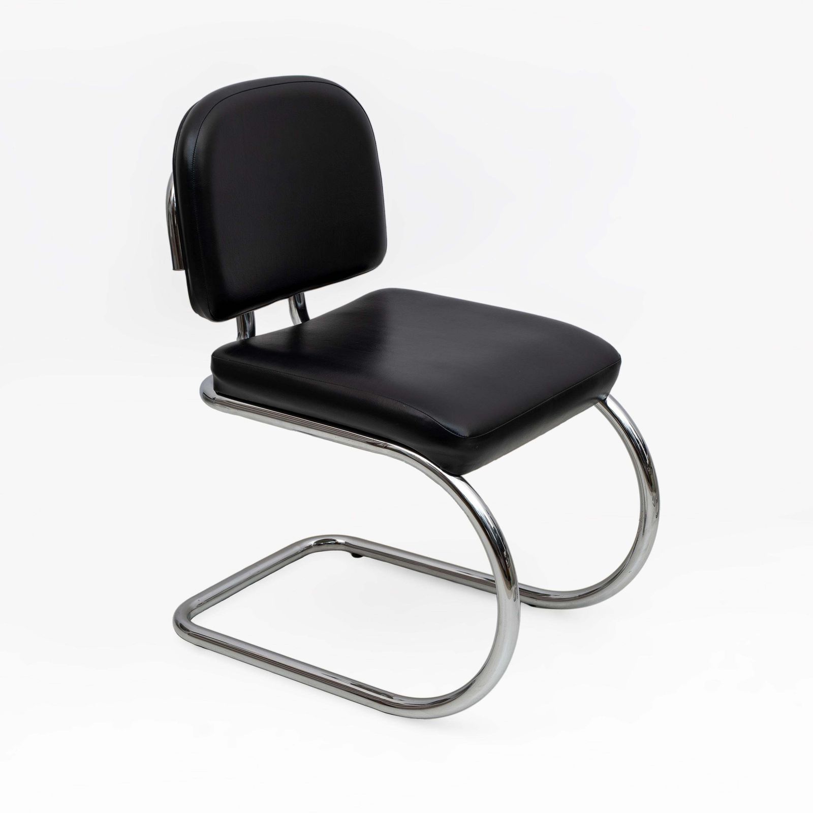 Six Of Bauhaus Style Leatherette And Metal Chromed Cantilever Dining Chairs, 70s photo Furniture