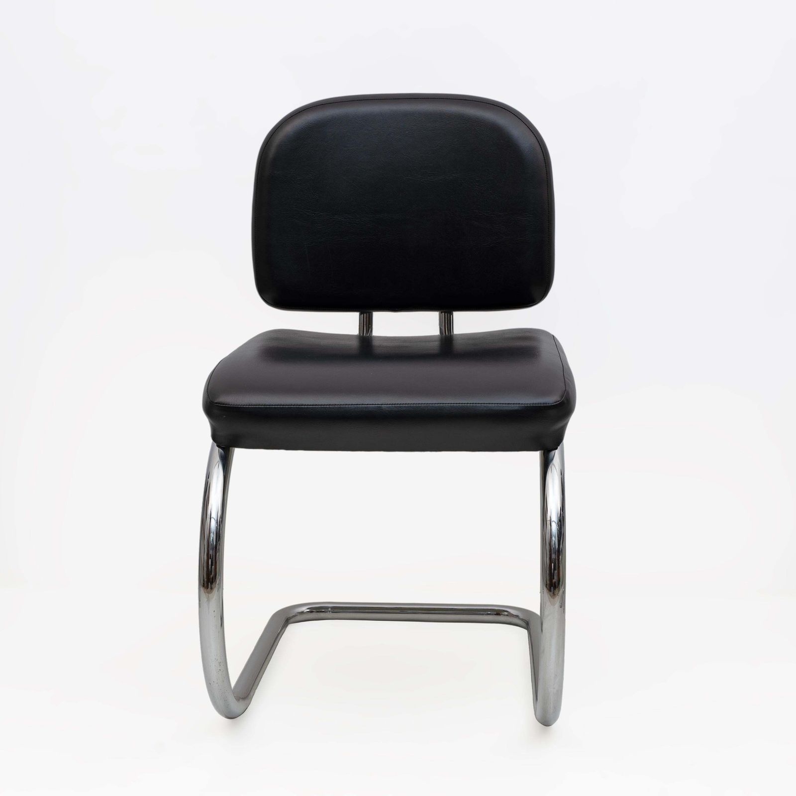 Six Of Bauhaus Style Leatherette And Metal Chromed Cantilever Dining Chairs, 70s photo vinterior