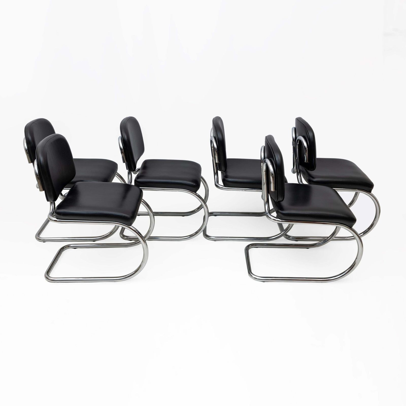 Furniture Six Of Bauhaus Style Leatherette And Metal Chromed Cantilever Dining Chairs, 70s photo