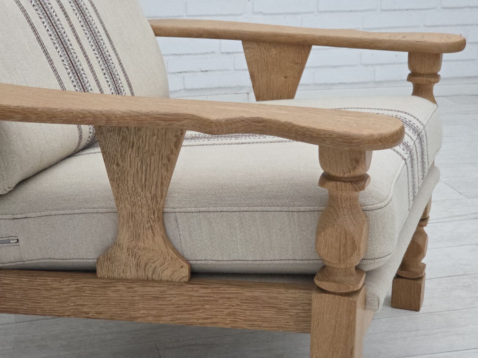 photo buy 1970s, Danish Armchair, Furniture Wool, Solid Oak Wood.
