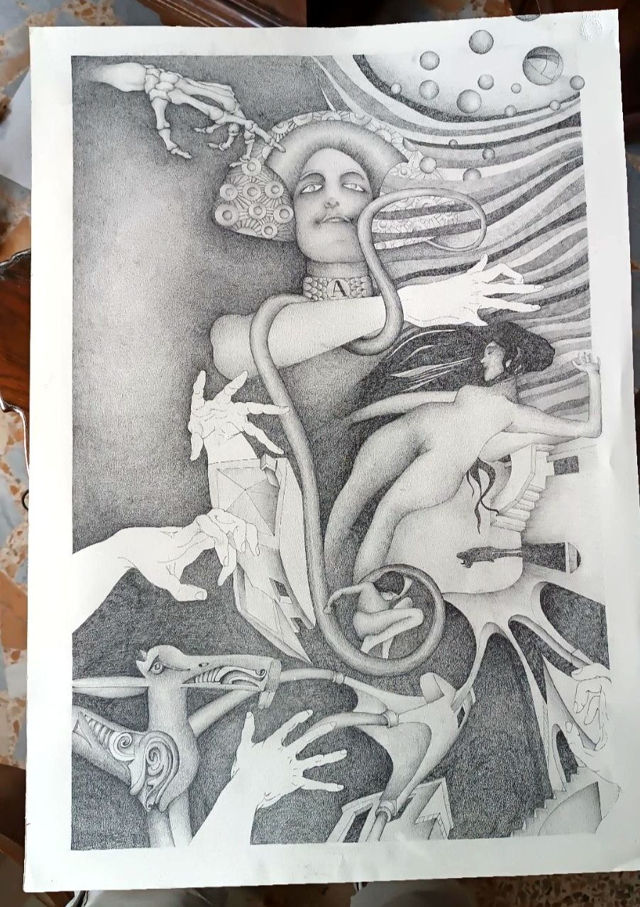 Large Metaphysical Pencil Drawing 70x50cm photo furniture