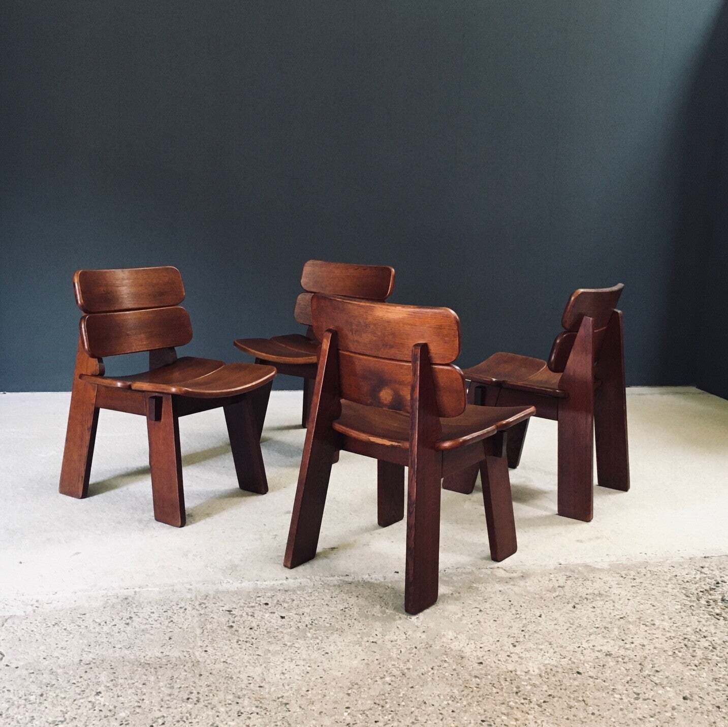 Furniture Constructivist Design Oak Dining Chairs, Belgium 1960's photo