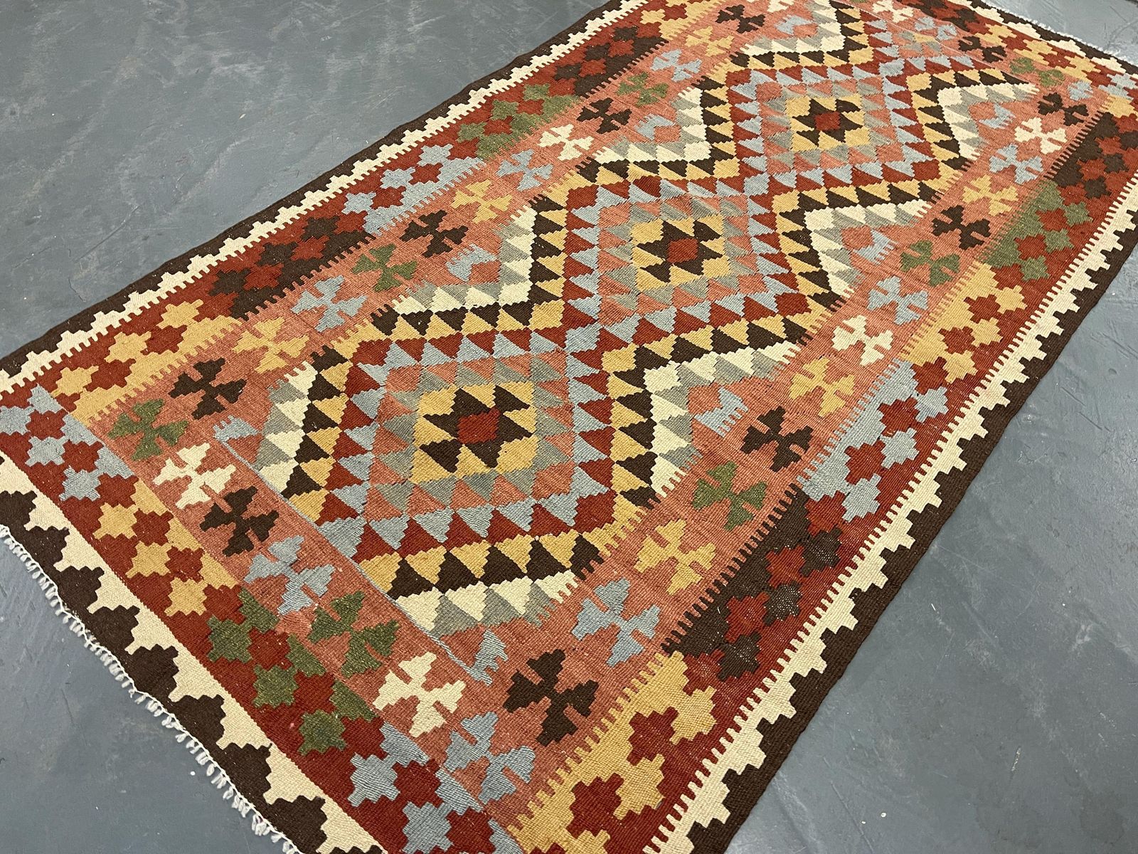 Contemporary Brown Wool Kilim Rug   Handmade Geometric Carpet, 6'1" X 3'5" photo for sale