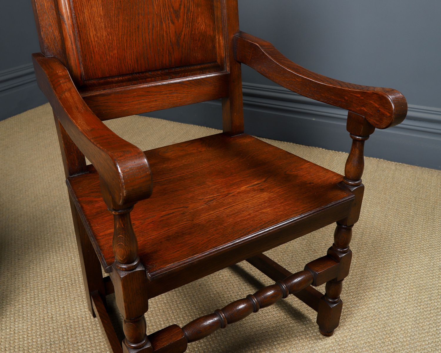 Antique English 17th Century Style Set Of 8 Wainscot Kitchen Dining Chairs And 7ft Oak Refectory Table (Circa 1980) photo vintage