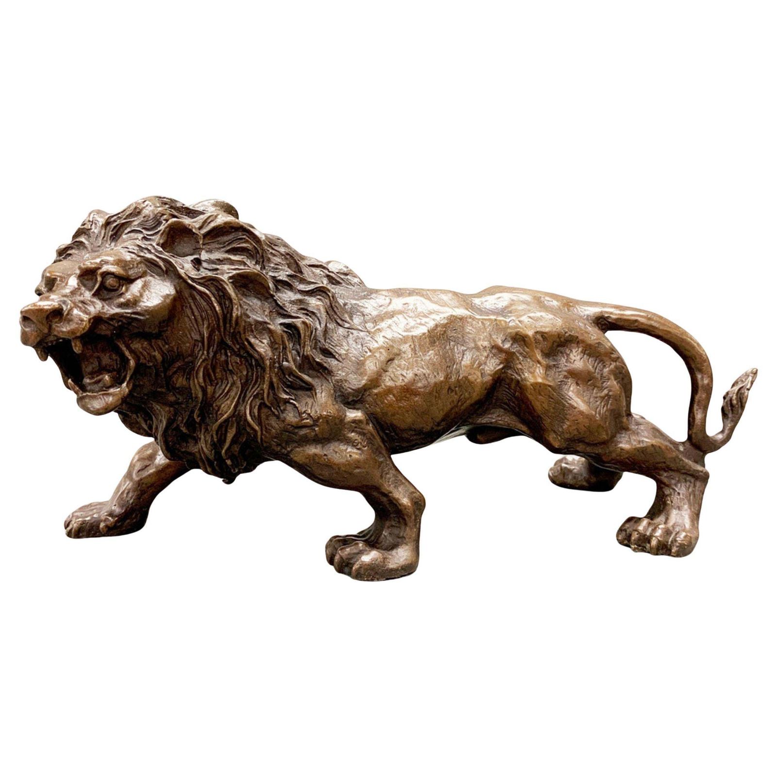 Antique Bronze Lion Sculpture 19th Century Brown Patinated Roaring Lion Statue