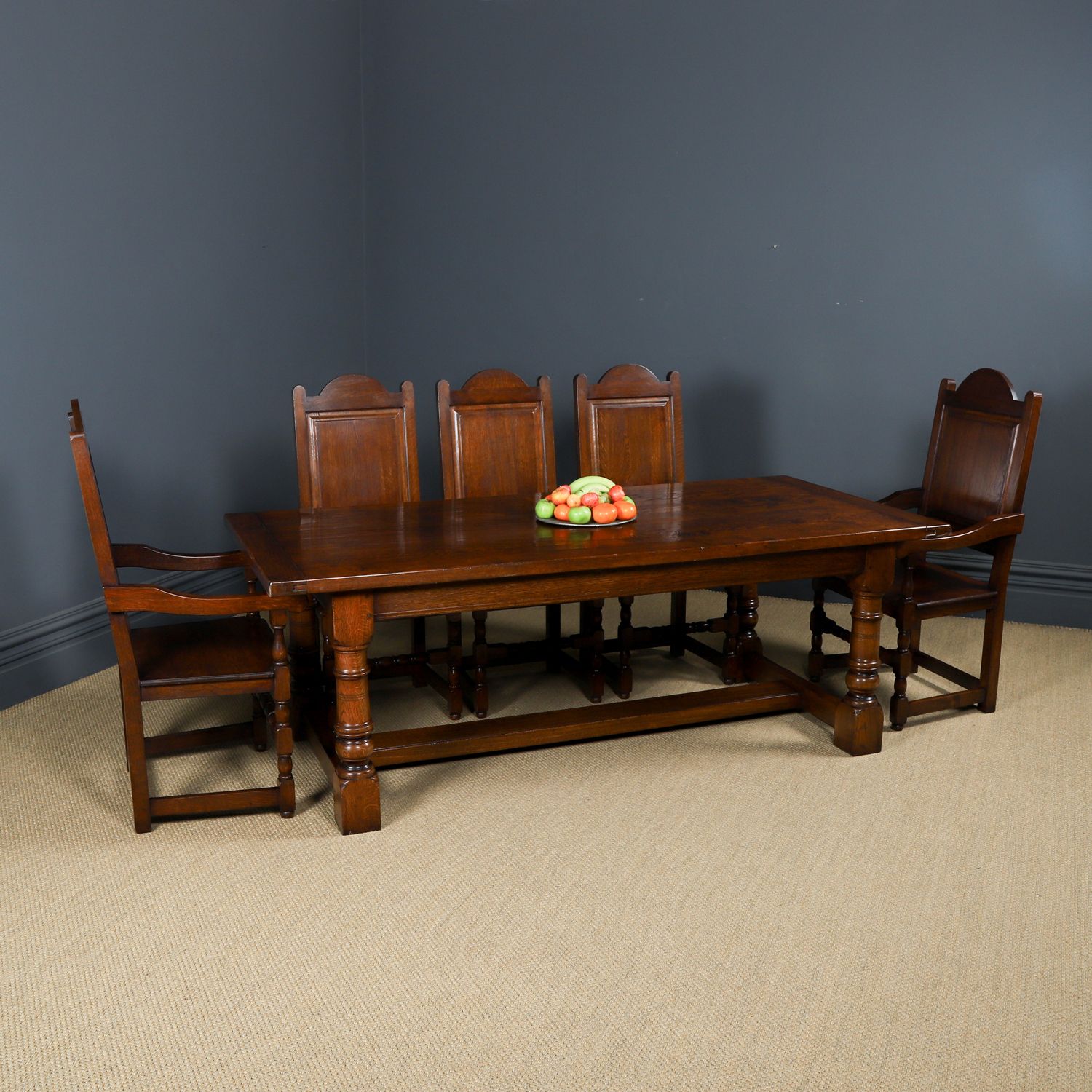 Antique English 17th Century Style Set Of 8 Wainscot Kitchen Dining Chairs And 7ft Oak Refectory Table (Circa 1980)