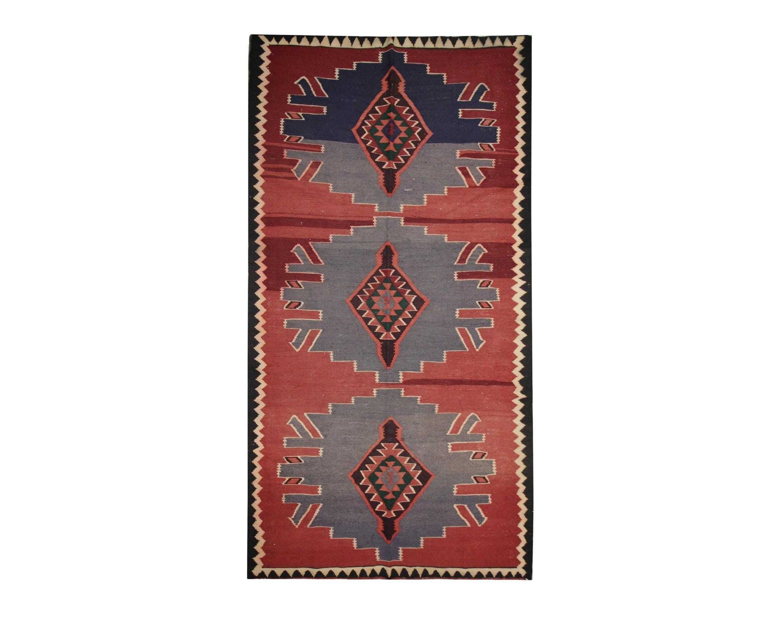 Vintage 1970s Kilim Runner Rug: Burgundy Gray Wool Flatweave (10'8" X 4'10")