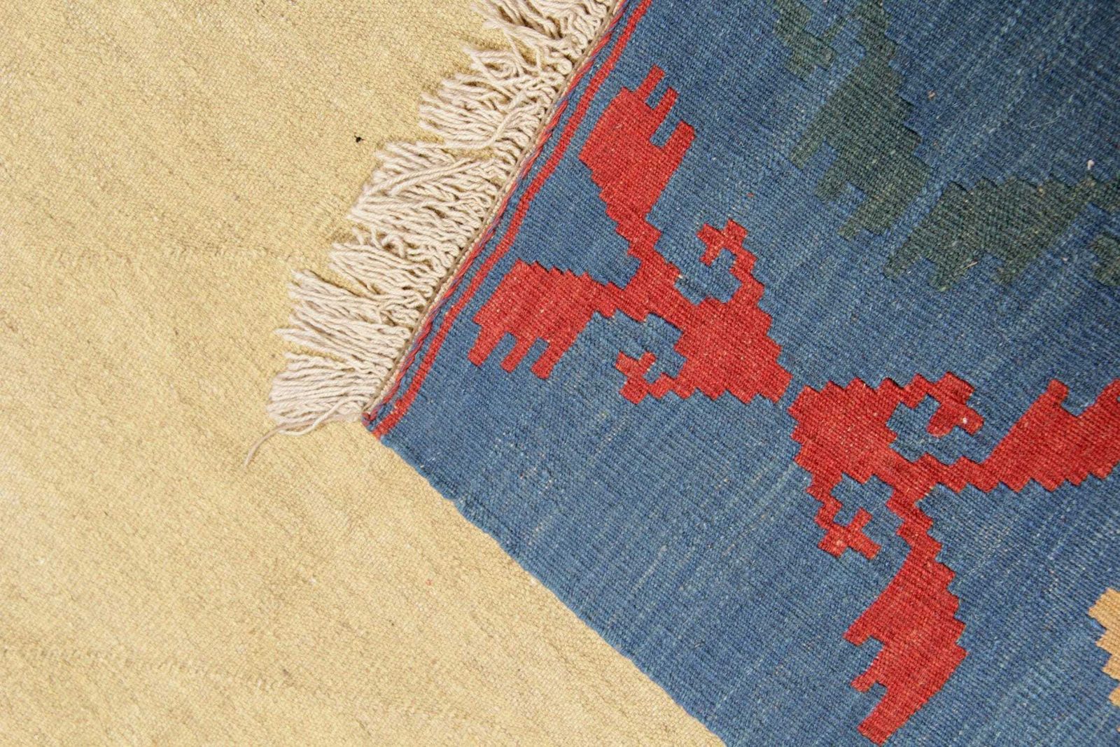 Large Yellow Afghan Kilim Rug: Gold Geometric Tribal Wool Carpet (9.10 X 6.7 Ft photo vinterior