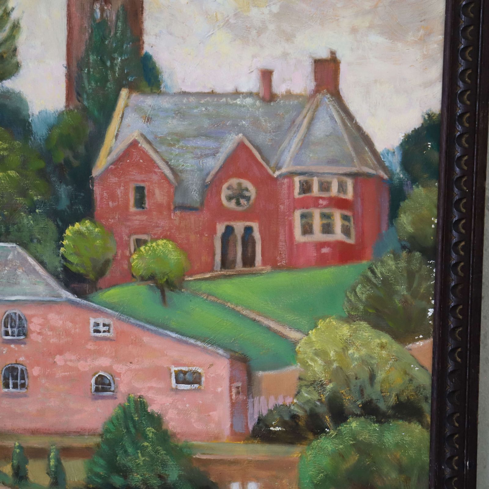 English 1920s Naïve Oil On Board Painting Of Charming Village Scene photo for sale
