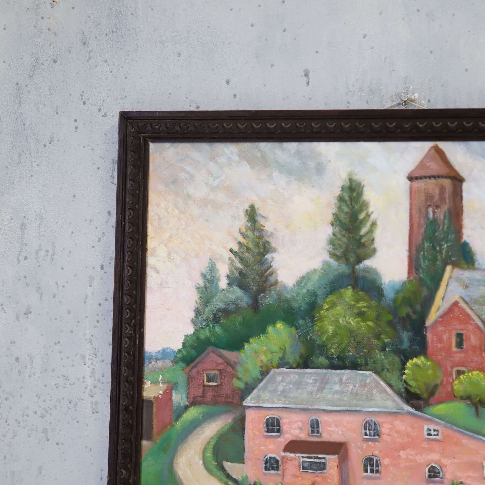 English 1920s Naïve Oil On Board Painting Of Charming Village Scene photo Art