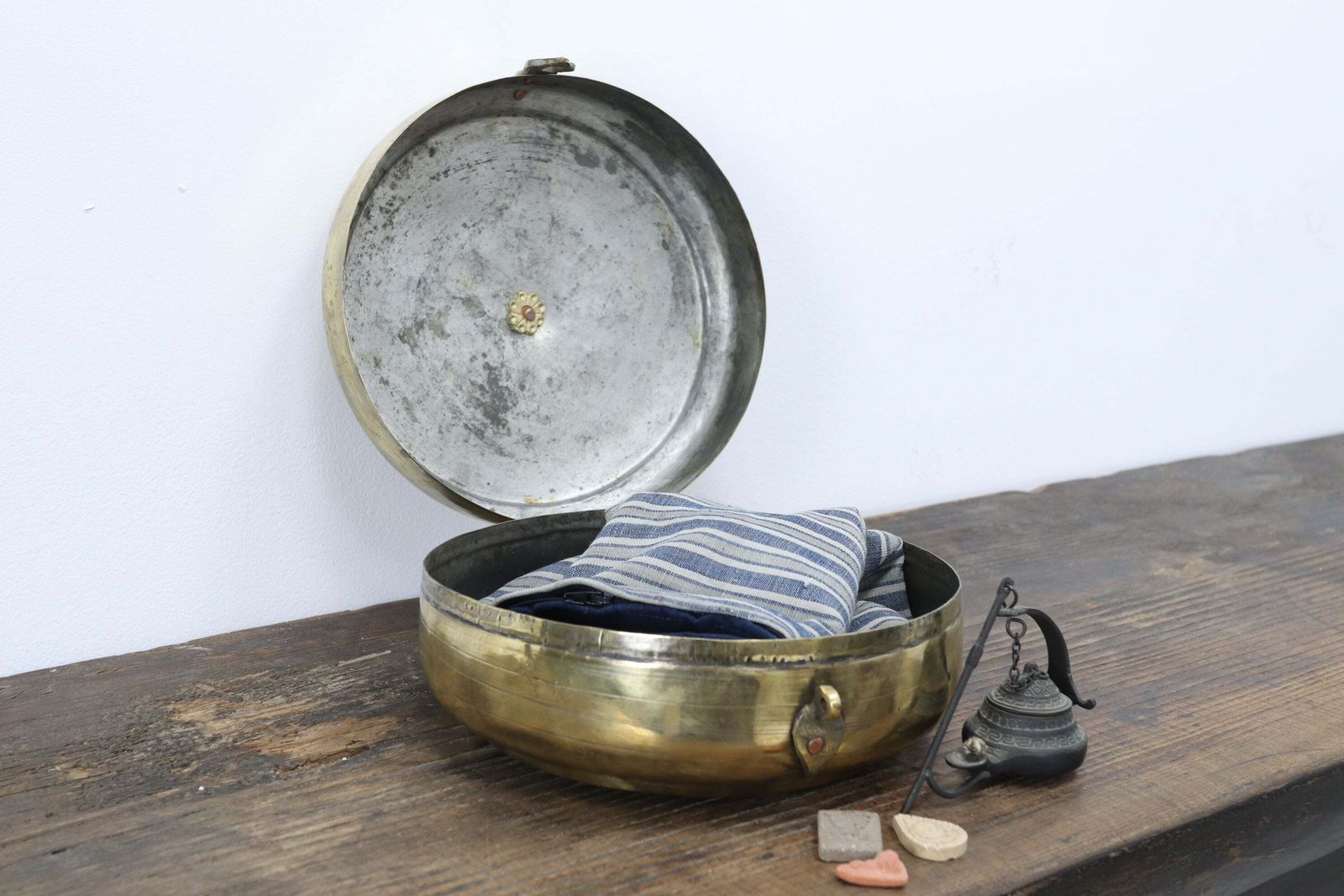 Early 20th Century Hand Carved Indian Brass Chapati Box photo furniture