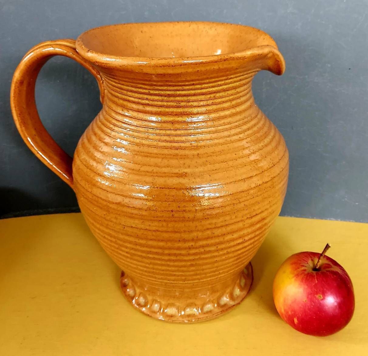 Vintage Very Large Burton Stoneware Pitcher, Handsome In Rich Caramel Glaze With Handmade Piecrust Finish To Base, 1970s photo furniture