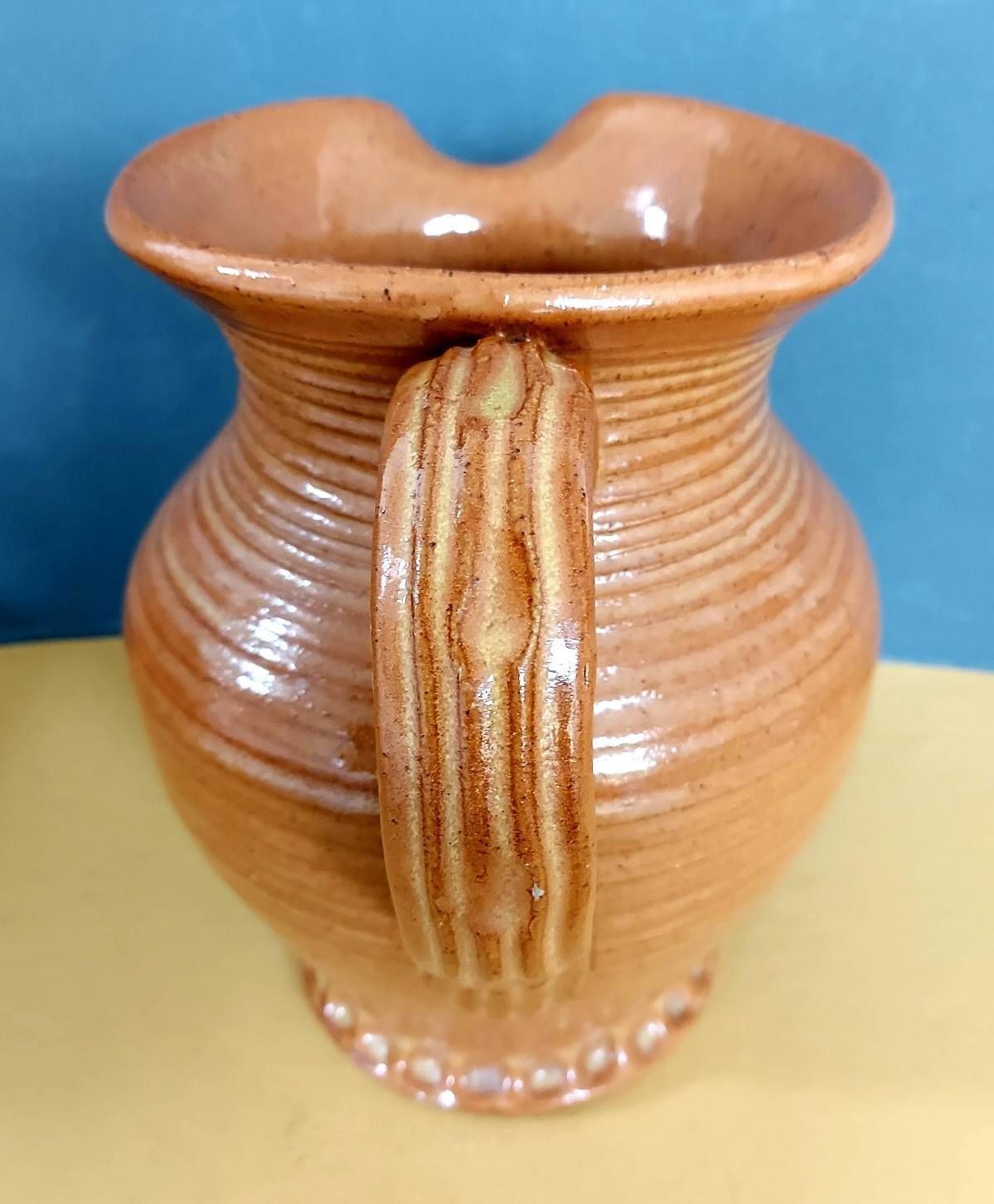 Vintage Very Large Burton Stoneware Pitcher, Handsome In Rich Caramel Glaze With Handmade Piecrust Finish To Base, 1970s photo Home Decor