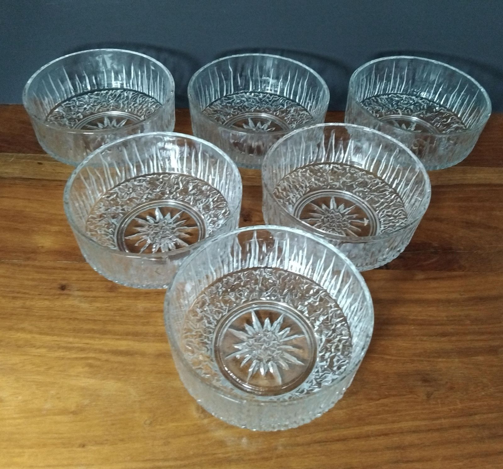 Vintage Ravenhead Whitefire Bowl Set, Mcm 1 Serving Bowl And 6 Dessert Bowls, Ice Textured Glass, 1980s photo furniture