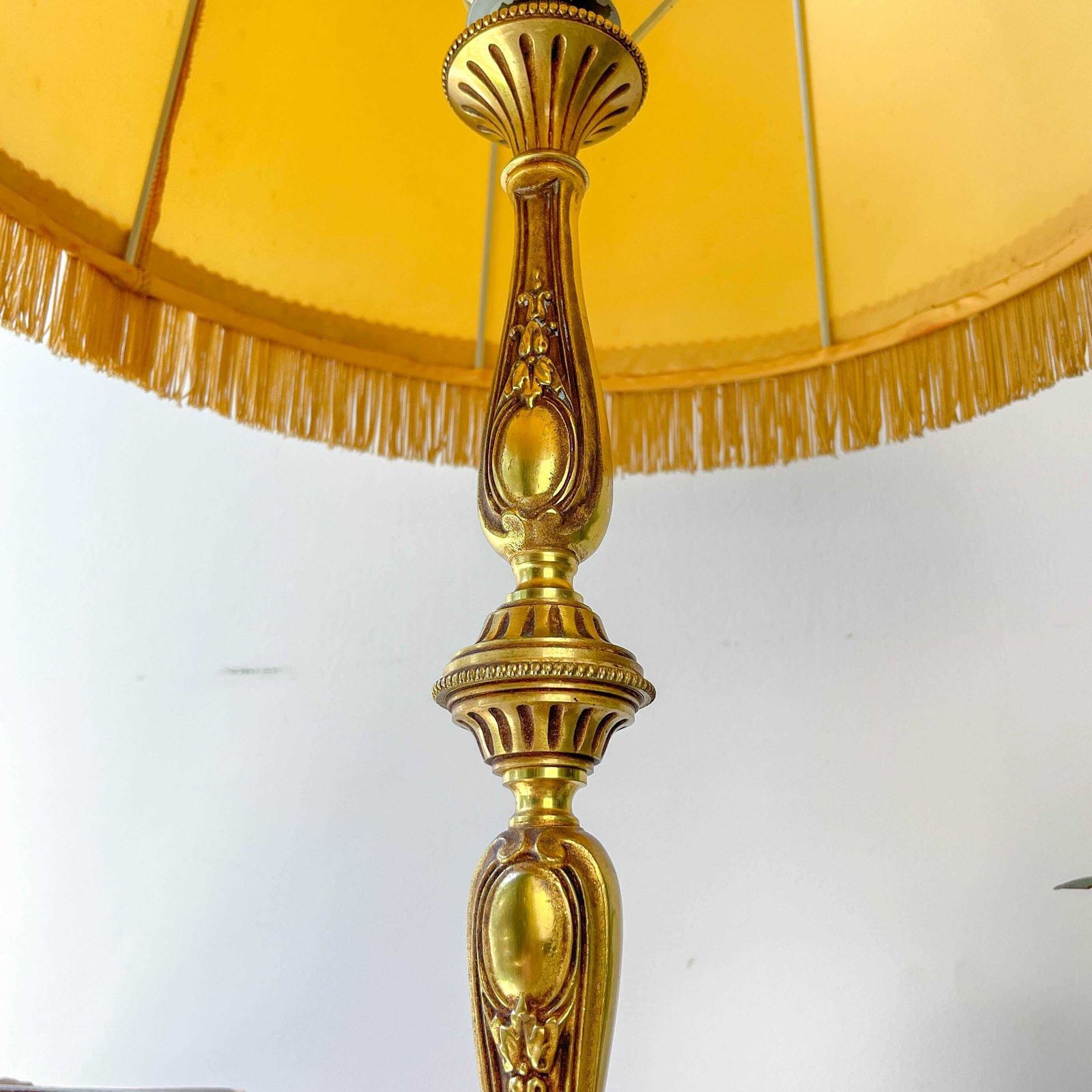 Louis XVI Style Gilt Bronze Lamp With Yellow Fringed Shade   Elegant Vintage Antique Lamp photo Lighting