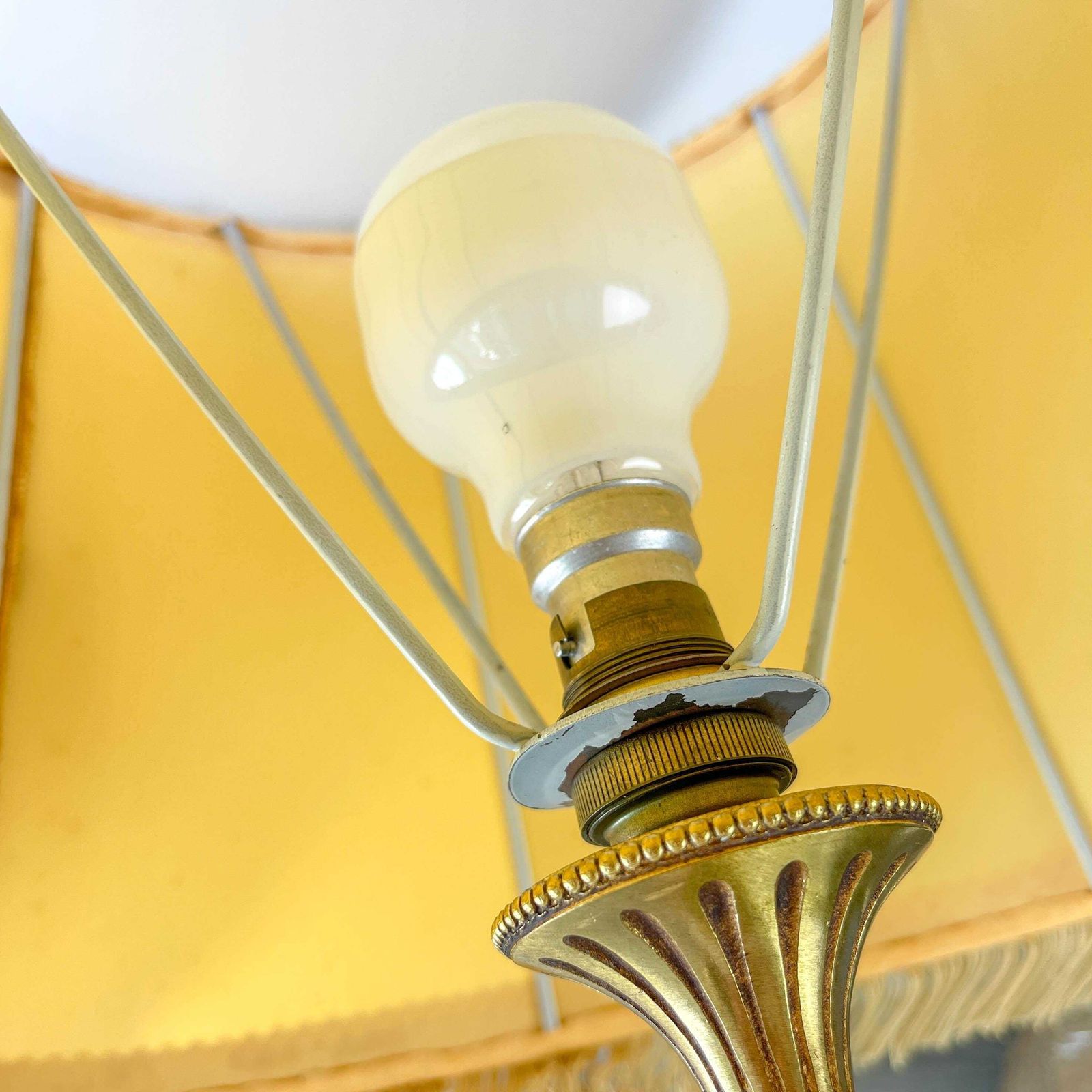 Louis XVI Style Gilt Bronze Lamp With Yellow Fringed Shade   Elegant Vintage Antique Lamp photo vintage