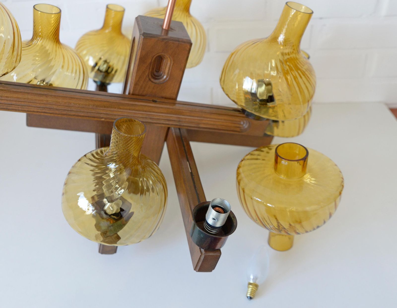 Large Vintage Wood Pendant Light / Mid Century Massive Rustic Chandelier / Colonial Style Light Fixture / Hand Carved Wood / Amber Glass photo vintage
