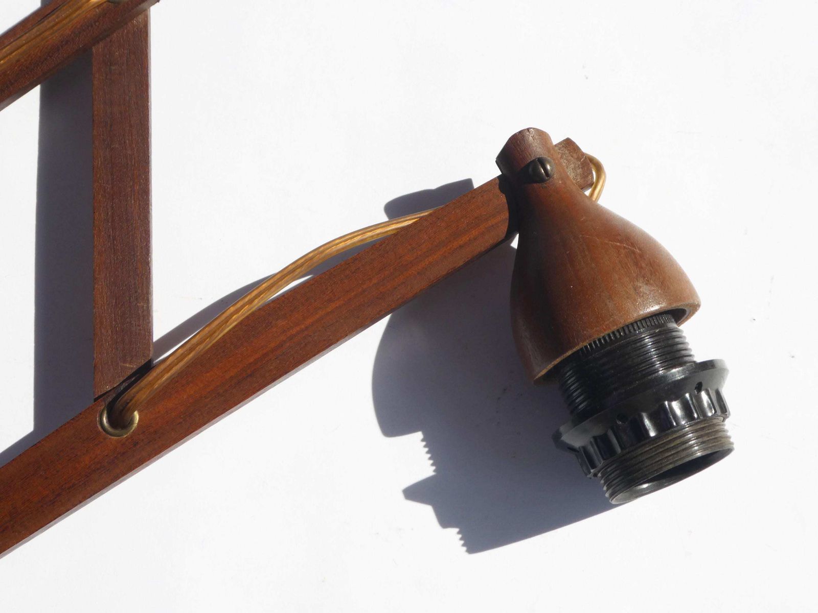 Mid Century Accordion Style Lamp With Red Pleaded Shade, Vintage Wooden Scissor Wall Lamp, Teak Scandinavian Extendable 60s Light photo buy