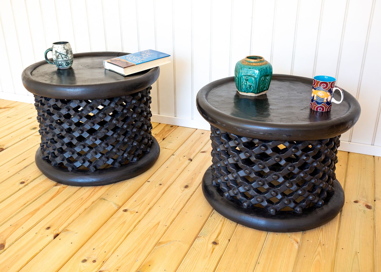 Pair Of African Coffee Tables Sculptural Organic Tribal Bamileke Black Mcm 1950s Trunk Hewn Carved Ethnographic Bohemian Cultural Sculptural Organic