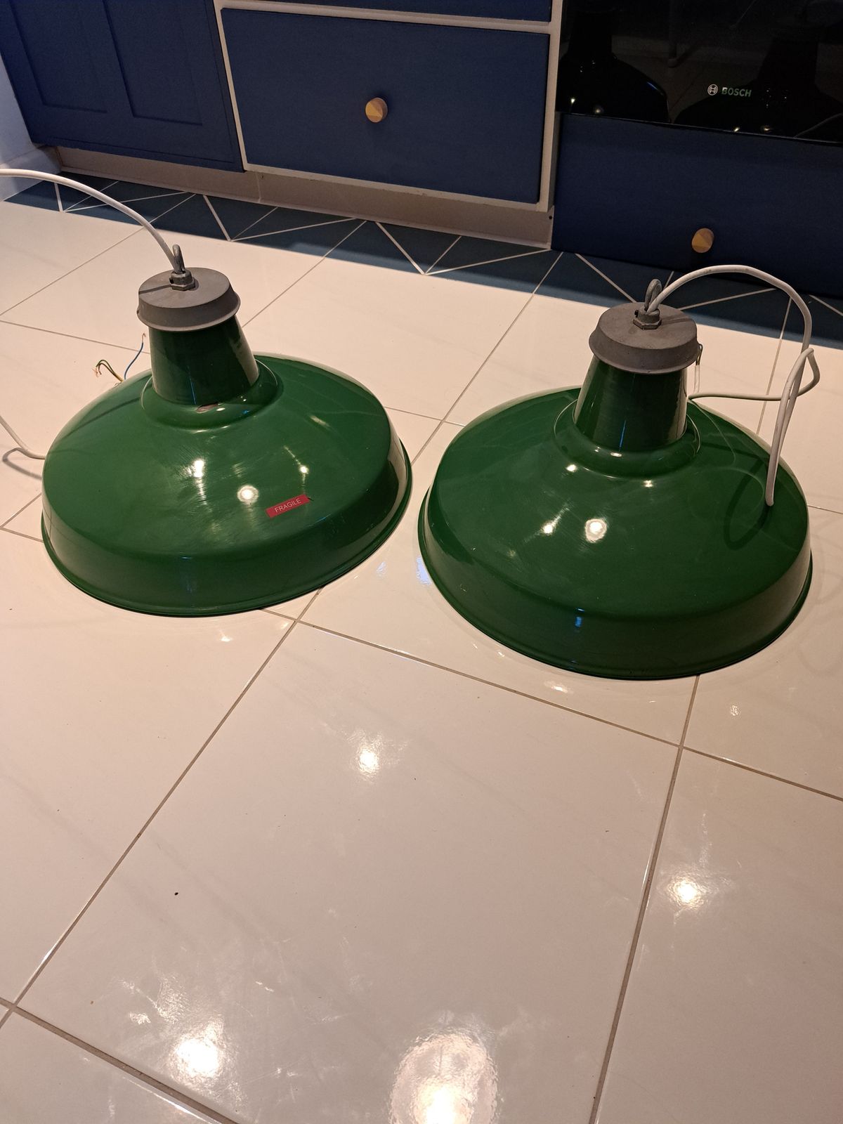 Pair Of Industrial Light Shades In Green & White — 50cm Diameter