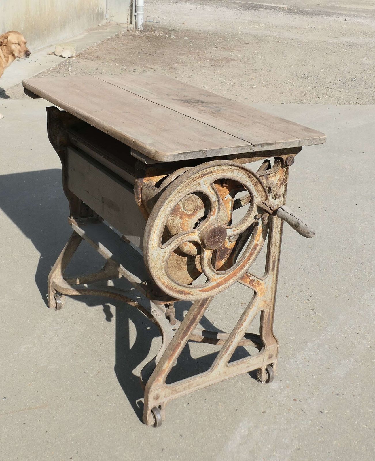 Pine Top Mangle Or Cast Iron Industrial Garden Table photo for sale