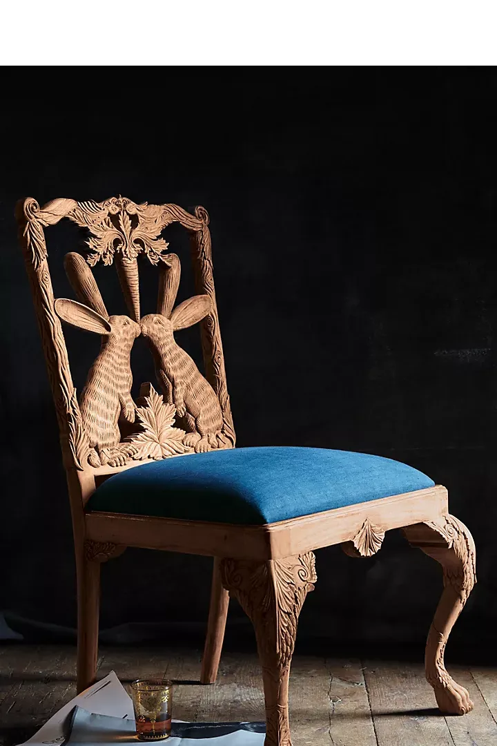 And Carved Wooden Rabbit Chair With Blue Cushion – Artisan Animal Motif Design Regular