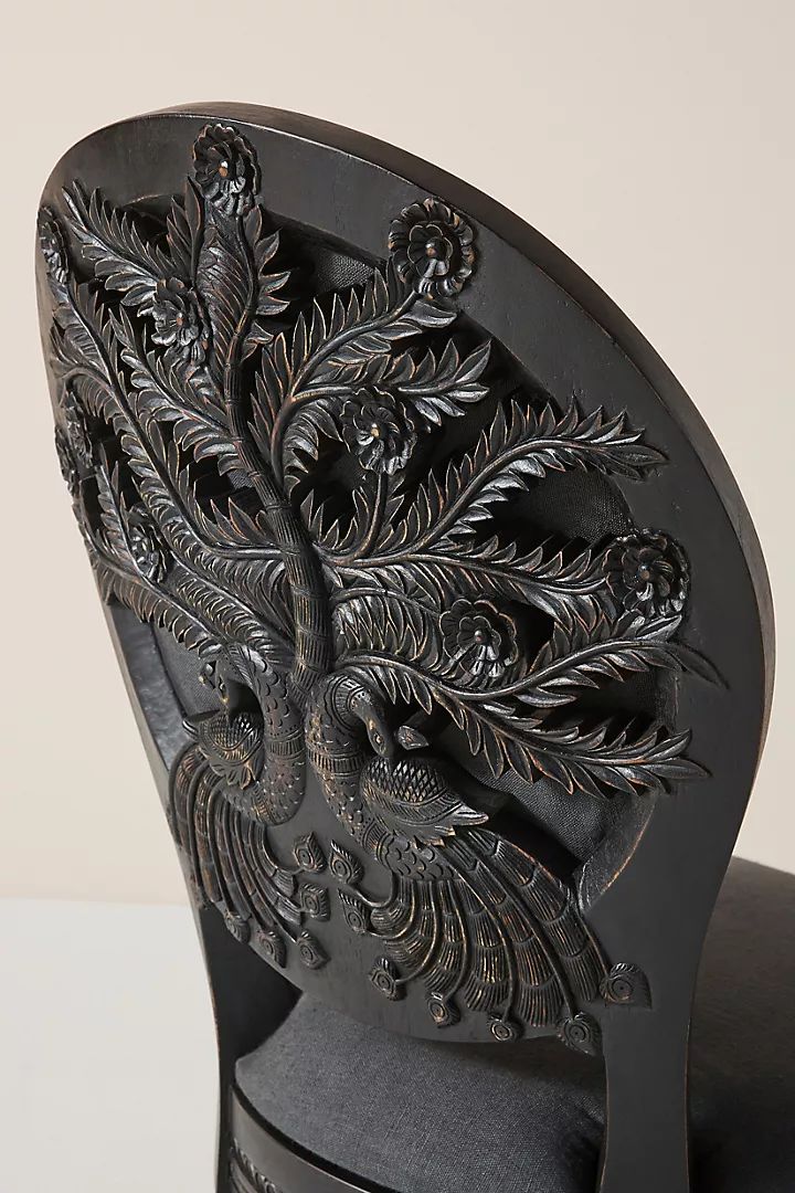 Hand Carved Black Wooden Chair With Double Peacock & Tree Design – Elegant Accent Seating photo Furniture
