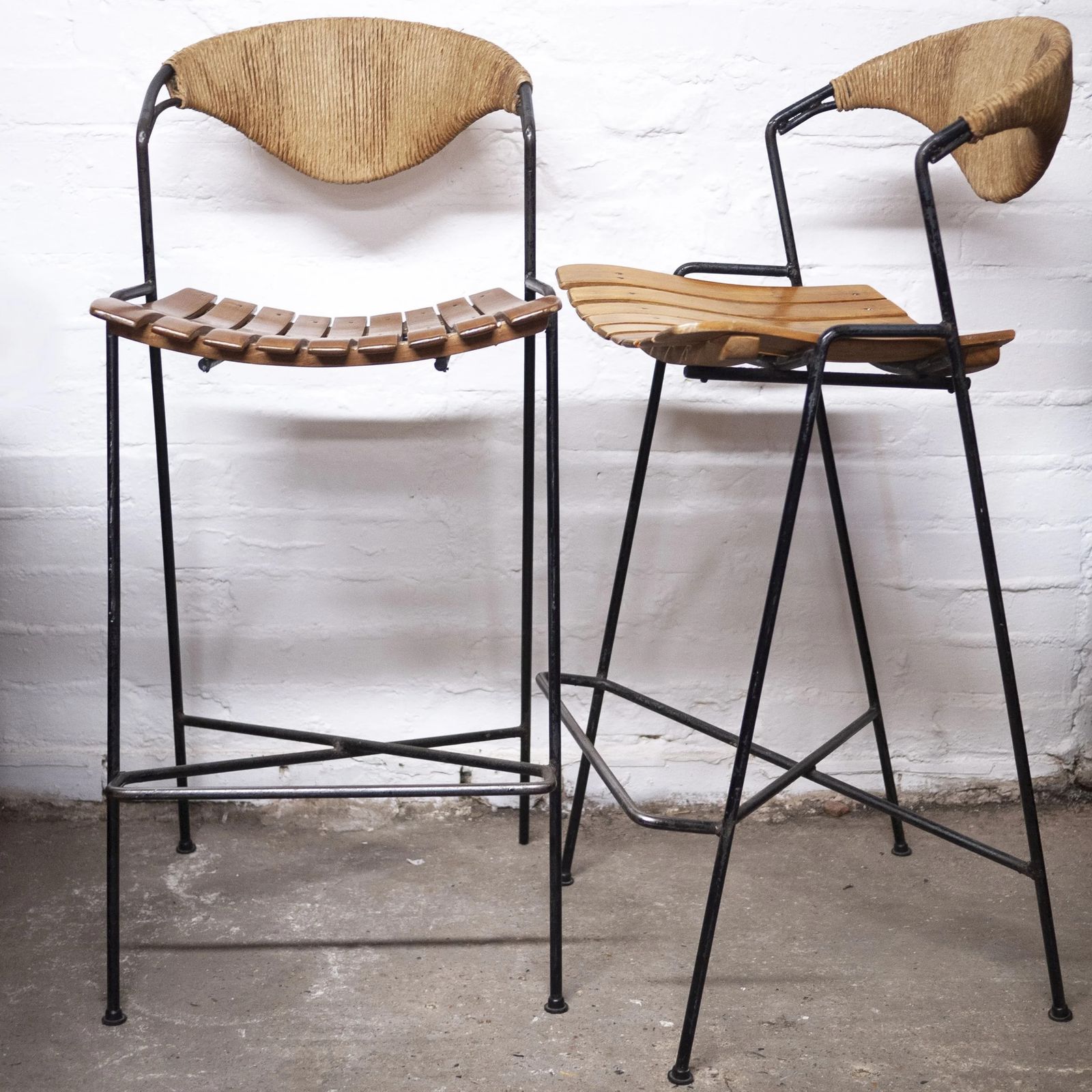 Wrought Iron Wicker & Slatted Wood Bar Stools By Arthur Umanoff For Raymor, 1950s, Set Of 2 photo for sale